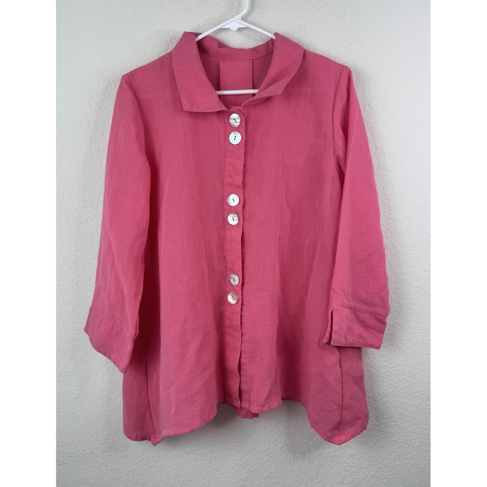 Fridaze 100% Linen Shirt Blouse Sz S‎ Pink Button Front Relaxed Coastal Beach